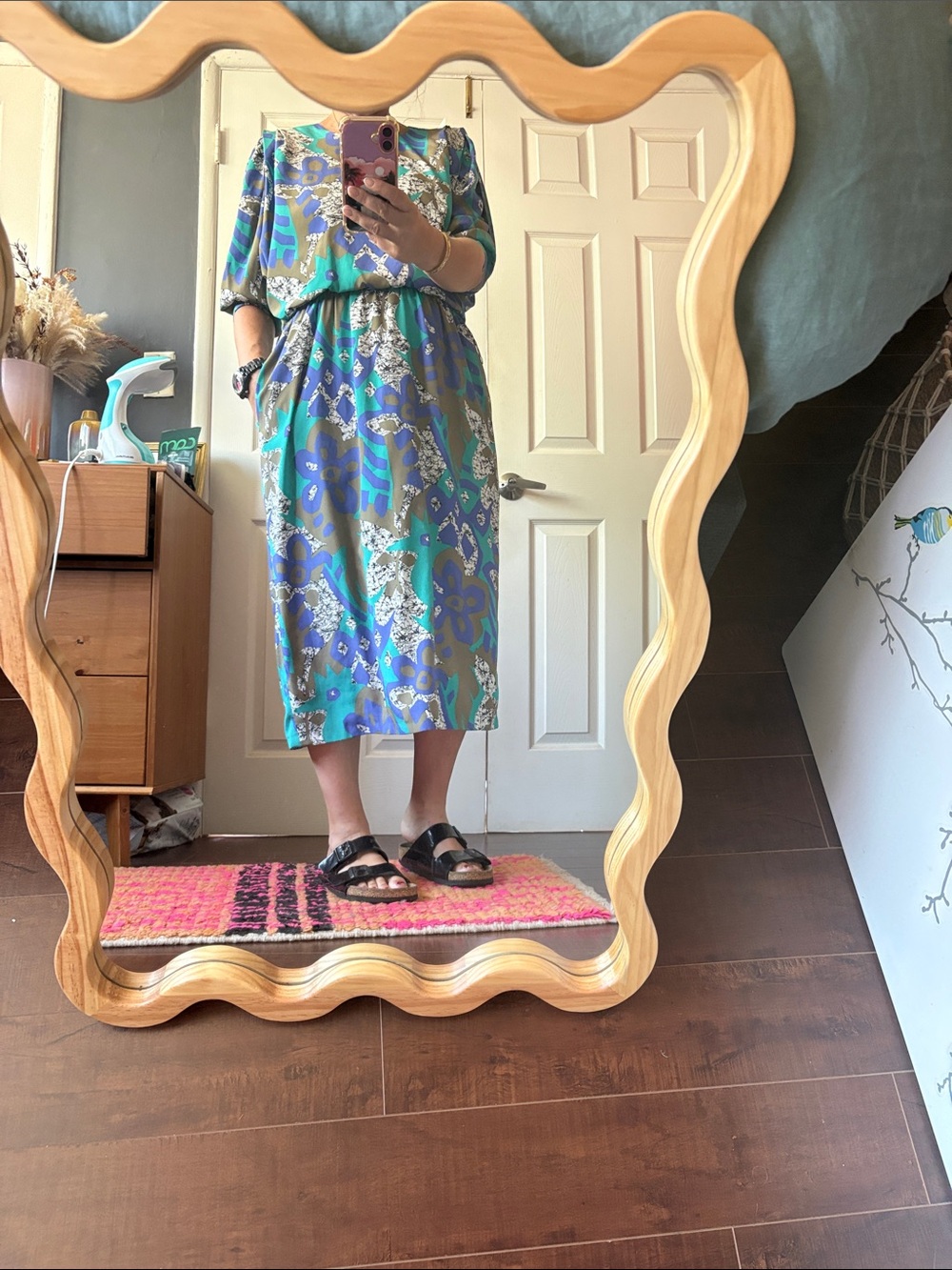 Vintage Teal, Olive & Blue Abstract Print Dress